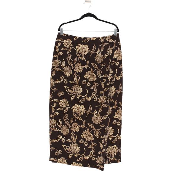 Vintage Josephine Chaus 100% Silk Brown Tan Floral Midi Skirt Size 14 - Picture 1 of 8